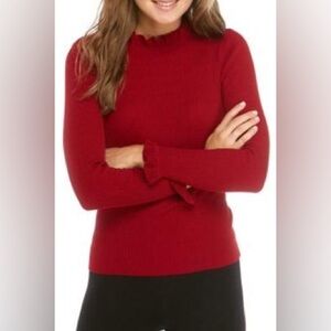 Anne Klein Size XS Red Ribbed Knit Top W/A Ruffle Collar & Cuffs w/Long Sleeves